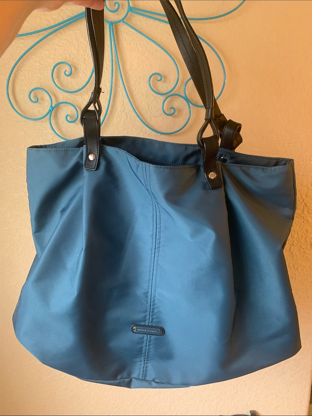 Banana Republic Blue nylon tote with black leather straps